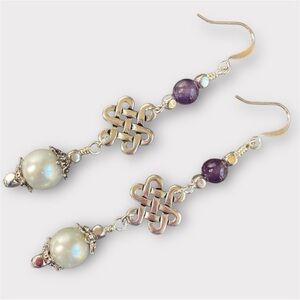 HAND CRAFTED EARRINGS Pearl, Amethyst & Eternity Knot Dangle Drop Wedding NWT